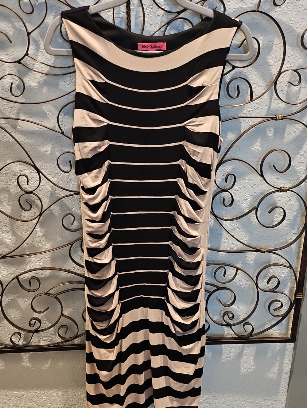 Black & Cream Striped Gathered Midi Dress